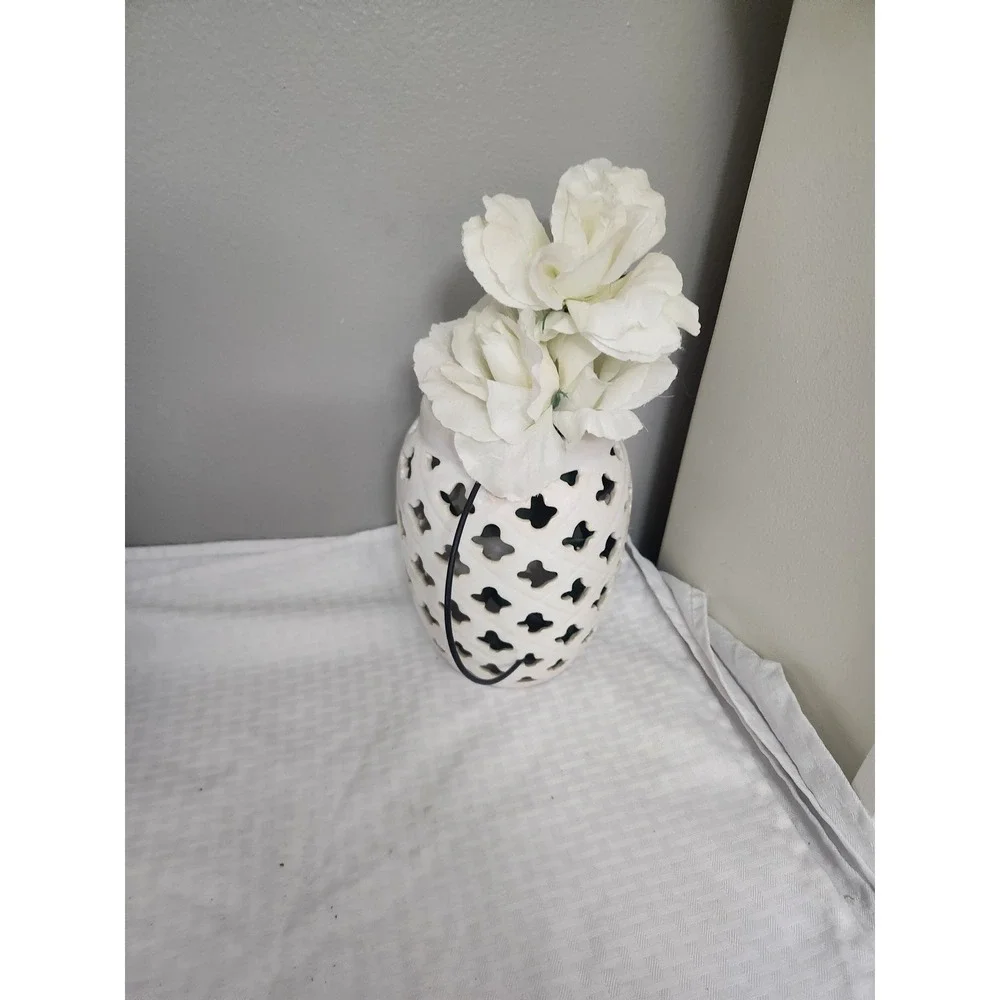 White Ceramic Lattice Cut Out Vase with Artificial Roses Floral Arrangement